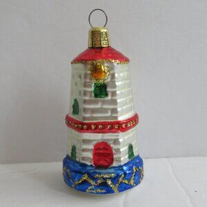 Gablonz Glass Art Austria Glass Lighthouse Christmas Ornament w/Glitter Red Blue